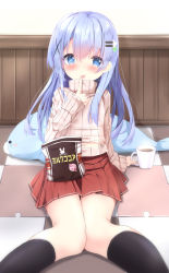 Rule 34 | 1girl, :p, black socks, blush, brown sweater, checkered floor, closed mouth, clothing cutout, coffee, commentary request, cup, finger to mouth, fingernails, flower, gochuumon wa usagi desu ka?, hair flower, hair ornament, hairclip, highres, holding, holding cup, indoors, kafuu chino, kneehighs, knees together feet apart, kouda suzu, licking, licking finger, long hair, long sleeves, mug, navel, navel cutout, on floor, pleated skirt, red skirt, ribbed sweater, sitting, skirt, sleeves past wrists, smile, socks, solo, stuffed animal, stuffed dolphin, stuffed toy, sweater, tongue, tongue out, turtleneck, turtleneck sweater, very long hair, white flower, x hair ornament