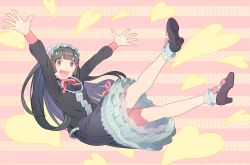 Rule 34 | 1girl, arms up, bare legs, black footwear, black hair, black shirt, blunt bangs, bobby socks, bow, copyright request, dress, footwear bow, frilled dress, frilled hairband, frilled shirt, frills, full body, hairband, headband, heart, legs up, lolita fashion, long hair, long sleeves, looking at viewer, nobile1031, open mouth, pink bow, pink headband, shirt, shoes, smile, socks, solo, striped, striped background