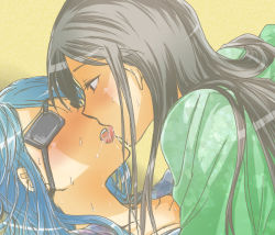 Rule 34 | 10s, 2girls, bad id, bad pixiv id, black hair, blue hair, blush, d no, date masamune (sengoku otome), drooling, eye contact, eyepatch, french kiss, from side, girl on top, imagawa yoshimoto (sengoku otome), kiss, long hair, looking at another, multiple girls, open mouth, profile, saliva, sengoku otome, simple background, sweat, tongue, tongue out, yuri