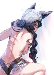 Rule 34 | 1girl, animal ears, ass, black hair, bow (bhp), braid, breasts, brown eyes, butt crack, dimples of venus, erune, from behind, granblue fantasy, long hair, medium breasts, nier (granblue fantasy), nier (lover by the lily lake) (granblue fantasy), profile, soap bubbles, solo, topless, twin braids, washing hair