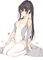 Rule 34 | 1girl, bare shoulders, blush, breasts, brown hair, cleavage, collarbone, covered navel, dress, expressionless, halterneck, hand on own thigh, hand on thigh, long hair, looking at viewer, lpip, medium breasts, off shoulder, original, purple eyes, seiza, sidelocks, simple background, sitting, solo, thighhighs, thighs, very long hair, white background, white dress, white thighhighs, zettai ryouiki