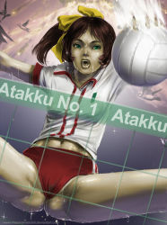 Rule 34 | 1girl, attack no 1, ayuhara kozue, ball, bird, brown hair, cameltoe, english text, engrish text, fireball, green eyes, gym uniform, hair ribbon, klaus reinbach iii, meteor, navel, net, open mouth, playing sports, ranguage, ribbon, sky, solo, speed lines, spread legs, sweat, tms entertainment, volleyball, volleyball (object), watermark, web address