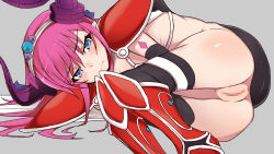 Rule 34 | 1girl, anus, armor, armored boots, ass, black gloves, black thighhighs, blue eyes, blush, boots, censored, elbow gloves, elizabeth bathory (brave) (fate), elizabeth bathory (fate), fang, fang out, fate/grand order, fate (series), gloves, horns, long hair, lying, maze (gochama ze gohan), mosaic censoring, on side, pauldrons, purple hair, pussy, red armor, shoulder armor, solo, thighhighs, tiara