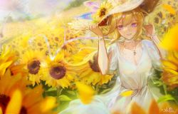Rule 34 | 1girl, :d, absurdres, alternate costume, blonde hair, blue eyes, breasts, choker, cleavage, collarbone, commentary, cowboy shot, day, dress, english commentary, field, flower, flower field, genshin impact, hand on headwear, hat, hat flower, highres, huge filesize, jean (genshin impact), looking at viewer, medium breasts, open mouth, outdoors, puffy short sleeves, puffy sleeves, short hair, short sleeves, sidelocks, signature, smile, solo, straw hat, sun hat, sunflower, sunflower field, white choker, white dress, xude, yellow flower