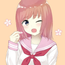 Rule 34 | 1girl, 7 calpis 7, ;d, between fingers, blush, breasts, brown hair, commentary request, floral background, grey eyes, holding, long sleeves, looking at viewer, neckerchief, one eye closed, open mouth, original, petals, pink sailor collar, puffy long sleeves, puffy sleeves, red neckerchief, sailor collar, sample watermark, school uniform, serafuku, shirt, sleeves past wrists, small breasts, smile, solo, upper body, watermark, white shirt