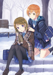 Rule 34 | 10s, 2girls, badge, bag, bare tree, bench, black socks, blazer, blue skirt, bow, bowtie, breath, brown hair, checkered clothes, checkered skirt, coat, hair between eyes, hands on another&#039;s shoulders, hood, hoshizora rin, jacket, kitiroku, kneehighs, kneeling, koizumi hanayo, loafers, love live!, love live! school idol project, multiple girls, open mouth, orange hair, own hands clasped, own hands together, panties, panties under pantyhose, pantyhose, plaid, plaid scarf, plaid skirt, purple eyes, scarf, school bag, school uniform, shoes, short hair, sitting, sitting on stairs, skirt, smile, snow, socks, stairs, tree, tying, underwear, winter, winter clothes, winter uniform, yellow eyes, yuri
