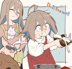 Rule 34 | 2girls, ahoge, animal, apron, bandaid, bandaid on cheek, bandaid on face, bandaid on nose, bowl, cat, chocolate, closed eyes, commentary, copyright name, dated, do it yourself!!, dog, fang, grey hair, highres, holding, holding animal, holding bowl, long hair, long sleeves, meat (do it yourself!!), medium hair, mixing bowl, mother and daughter, multiple girls, open mouth, outline, pig, pink shirt, pochi (do it yourself!!), red apron, red eyes, ri 6n, shirt, skin fang, smile, spatula, spilling, standing, sweatdrop, sweater, tama (do it yourself!!), white outline, white sweater, yellow apron, yua serufu, yua serufu&#039;s mother