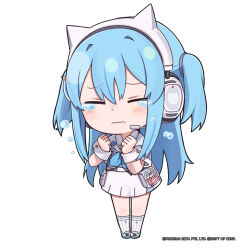 Rule 34 | 1girl, animal print, blue hair, blue neckerchief, blush stickers, cat print, chibi, closed eyes, closed mouth, crying, earphones, flying teardrops, full body, goddess of victory: nikke, hair between eyes, hair intakes, hands up, headset, highres, long hair, neckerchief, official art, pouch, shifty (nikke), short sleeves, simple background, skirt, socks, solo, standing, tears, thighs, totatokeke, two side up, very long hair, wavy mouth, white background, white skirt, white socks, wrist cuffs