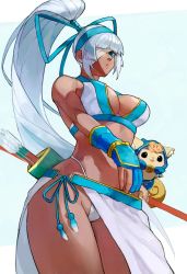 Rule 34 | arrow (projectile), bandage over one eye, blue eyes, bow (weapon), breasts, champuru, dark-skinned female, dark skin, gloves, highres, large breasts, long hair, majikina mina, oni gini, partially fingerless gloves, ponytail, quiver, samurai spirits, sarong, side-tie skirt, snk, thong, weapon, white hair, white sarong