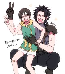 Rule 34 | 1boy, 1girl, armor, bandaid, bandaid on knee, bandaid on leg, bare arms, bare shoulders, black gloves, black hair, blue sweater, brown hair, child, closed eyes, crisis core final fantasy vii, earrings, final fantasy, final fantasy vii, girisyanoneko, gloves, hand up, headband, highres, jewelry, light blush, looking at viewer, open mouth, parted bangs, ribbed sweater, short hair, shorts, shoulder armor, signature, single earring, sleeveless, sleeveless turtleneck, smile, spiked hair, squatting, star (symbol), stud earrings, suspenders, sweater, teeth, translation request, turtleneck, turtleneck sweater, upper teeth only, v, white background, white headband, white shorts, yuffie kisaragi, zack fair
