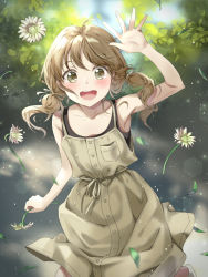 Rule 34 | 1girl, :d, arm up, bare arms, blurry, blurry background, blush, brown dress, brown eyes, brown hair, contrapposto, cowboy shot, daisy, day, dress, flower, hair between eyes, holding, holding flower, leaf, leaf background, light particles, looking at viewer, low twintails, medium hair, open mouth, original, outdoors, pinafore dress, shirt under dress, sleeveless, sleeveless dress, smile, solo, teeth, twintails, unya (unya-unya), upper teeth only
