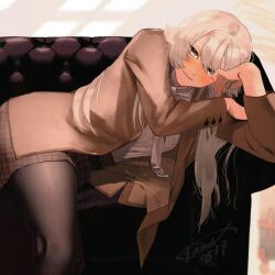 Rule 34 | 1girl, black pantyhose, breasts, brown jacket, brown skirt, closed mouth, commentary, couch, glaze artifacts, grey hair, hair between eyes, highres, jacket, kantai collection, long hair, long sleeves, looking at viewer, medium breasts, official alternate costume, open clothes, open jacket, pantyhose, plaid, plaid skirt, shirt, shishanmo, signature, skirt, solo, washington (kancolle), white shirt