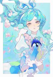 Rule 34 | 1girl, animal, bird, blue background, blue bird, blue eyes, blue hair, blue skin, blush, bow, cirrika, colored extremities, colored skin, dress, eyelashes, feathered wings, floating hair, flower, frilled wrist cuffs, frills, green skin, hair bow, hair ornament, highres, jellyfish, leaf, long hair, original, parted lips, peony (flower), pink flower, puffy sleeves, rabbit, short sleeves, sidelocks, turtleneck, white dress, white rabbit (animal), white sleeves, wind, wings, wrist cuffs