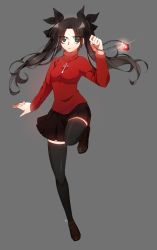 Rule 34 | 1girl, bad id, bad pixiv id, black hair, black thighhighs, fate/stay night, fate (series), green eyes, hair ribbon, highres, jewelry, maro (lij512), necklace, ribbon, solo, standing, standing on one leg, thighhighs, tohsaka rin, twintails, zettai ryouiki