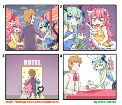 Rule 34 | 1boy, 2girls, 4koma, :q, ^^^, absurdres, apron, arm hug, arrow (symbol), bad id, bad pixiv id, blue eyes, cannibalism, chef hat, comic, commentary request, green hair, greenteaneko, hat, heart, heart tail, highres, holding, holding money, honkai (series), honkai impact 3rd, horns, liliya olenyeva, long hair, love hotel, money, money gesture, monster girl, multiple girls, pink hair, plate, pointing, prostitution, rozaliya olenyeva, severed tail, silent comic, skirt, square 4koma, suspension, tail, tailjob gesture, tank top, tongue, tongue out, turn pale