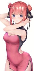 Rule 34 | 1girl, absurdres, alternate costume, arms up, blue eyes, blunt bangs, blush, breasts, china dress, chinese clothes, cleavage, clothing cutout, double bun, dress, go-toubun no hanayome, hair bun, hair ribbon, highres, looking at viewer, medium breasts, nakano nino, parted lips, red hair, ribbon, short dress, short hair, side slit, simple background, solo, tight clothes, tight dress, white background, yuunamida uyu