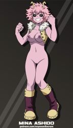 Rule 34 | 1girl, absurdres, artist name, ashido mina, black sclera, boku no hero academia, boots, bottomless, breasts, character name, cleft of venus, colored sclera, colored skin, female focus, full body, fur-trimmed vest, fur trim, grin, hands up, highres, horns, large breasts, looking at viewer, messy hair, navel, nipples, open clothes, open mouth, open vest, oryononilocram, pink hair, pink skin, pussy, short hair, smile, solo, standing, uncensored, vest, yellow eyes