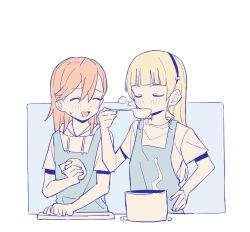 Rule 34 | 2girls, :d, apron, blonde hair, blue apron, blue background, blush, border, bow, closed eyes, coldcat., cooking, cooking pot, dot nose, drawstring, drinking, facing viewer, flat color, hair bow, hairband, hand on own hip, hand up, heanna sumire, highres, holding, holding spoon, hood, hood down, hoodie, love live!, love live! superstar!!, multiple girls, open mouth, orange hair, raised eyebrows, shibuya kanon, shirt, short sleeves, smile, spoon, sweatdrop, upper body, white border, white hoodie, white shirt