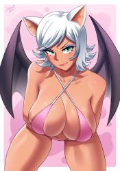 Rule 34 | 1girl, alternate breast size, animal ears, bare arms, bare legs, bare shoulders, bat ears, bat girl, bat wings, bikini, border, breast hold, breasts, cleavage, closed mouth, collarbone, commentary, criss-cross halter, dark-skinned female, dark skin, dracksart, english commentary, eyeshadow, green eyes, halterneck, highres, huge breasts, humanization, leaning forward, legs apart, looking at viewer, makeup, navel, pink background, pink bikini, rouge the bat, sagging breasts, short hair, signature, smirk, solo, sonic (series), swimsuit, tan, thighs, transformation, two-tone background, v-shaped eyebrows, white border, white hair, wings