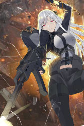 Rule 34 | 1girl, absurdres, ak-12, ak-12 (girls&#039; frontline), assault rifle, black gloves, black pants, blurry, blurry background, braid, breasts, broken glass, burnt clothes, cape, explosion, expressionless, firing, french braid, girls&#039; frontline, glass, gloves, gun, half-closed eyes, highres, holding, holding gun, holding rope, holding weapon, kalashnikov rifle, leg up, long hair, long sleeves, looking at viewer, midriff, muzzle flash, pants, partially fingerless gloves, pdc (pixiv 32635440), red eyes, rifle, rope, scope, shattered, shiny skin, sidelocks, silver hair, smoke, solo, torn cape, torn clothes, weapon
