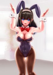 Rule 34 | 1girl, animal ears, black hair, black leotard, blue eyes, bow, bowtie, breasts, brown pantyhose, commentary request, cowboy shot, detached collar, fake animal ears, highres, idolmaster, idolmaster cinderella girls, large breasts, leotard, long hair, looking at viewer, miyakura haruto, pantyhose, playboy bunny, rabbit ears, rabbit pose, red bow, red bowtie, sagisawa fumika, solo, standing, strapless, strapless leotard, wrist cuffs
