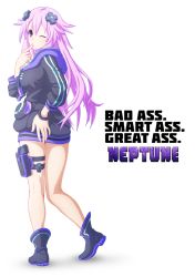 Rule 34 | 1girl, adult neptune, aged up, black footwear, bracelet, breasts, choujigen game neptune, closed mouth, d-pad, d-pad hair ornament, finger to mouth, full body, gun, hair between eyes, hair ornament, handgun, hood, hooded track jacket, jacket, jewelry, long hair, looking at viewer, neptune (series), one eye closed, pistol, purple eyes, purple hair, shoes, sidelocks, simple background, solo, standing, tanaka rie, thighs, track jacket, up (mmmmmmmmss), weapon, white background