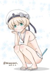 Rule 34 | 1girl, bikini, blonde hair, breasts, clothes writing, commentary request, dated, full body, green eyes, hat, kantai collection, masara (chuujou), microskirt, one-hour drawing challenge, pleated skirt, sailor bikini, sailor collar, sailor hat, sandals, short hair, side-tie bikini bottom, simple background, skirt, small breasts, solo, squatting, stick, swimsuit, twitter username, white background, white bikini, white sailor collar, z1 leberecht maass (kancolle)