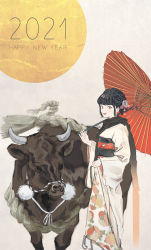 Rule 34 | 1girl, 2021, absurdres, beige kimono, black hair, brown eyes, bull, chinese zodiac, commentary, commentary request, english commentary, feet out of frame, floral print, flower, grey background, hair flower, hair ornament, happy new year, highres, holding, holding umbrella, japanese clothes, kimono, kimono hold, looking at viewer, mixed-language commentary, new year, obi, oil-paper umbrella, open mouth, original, pink flower, print kimono, red umbrella, sash, scarf, smile, solo, sun, teraka1110, umbrella, white flower, year of the ox
