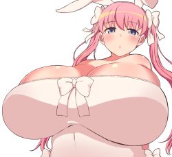 Rule 34 | 1girl, :o, animal ears, bare shoulders, blue eyes, bow, breasts, cleavage, commentary request, gigantic breasts, hair bow, haramura nodoka, komusou (jinrikisha), long hair, looking at viewer, looking down, parted lips, pink bow, pink hair, rabbit ears, saki (manga), simple background, solo, twintails, white background, white bow