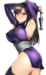 Rule 34 | 1girl, armpits, ass, blunt bangs, blush, breasts, bridal gauntlets, condom, covered erect nipples, highres, ichiren02, ichiren takushou, japanese clothes, kunai, kunoichi, large breasts, long hair, looking at viewer, ninja, original, parted bangs, solo, thick thighs, thighhighs, thighs, weapon, white background