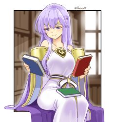 Rule 34 | 1girl, bare shoulders, book, cape, circlet, closed mouth, detached sleeves, dress, fire emblem, fire emblem: genealogy of the holy war, hair between eyes, julia (fire emblem), long hair, looking at viewer, nintendo, purple eyes, purple hair, sitting, smile, solo, twitter username, wide sleeves, window, yukia (firstaid0)