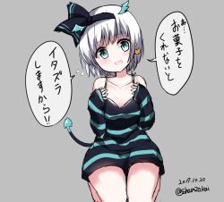 Rule 34 | 1girl, alternate costume, black dress, blush, breasts, collarbone, dated, demon tail, detached sleeves, dress, earrings, flying sweatdrops, green eyes, grey background, hairband, head tilt, head wings, highres, jewelry, konpaku youmu, long sleeves, looking at viewer, open mouth, seiza, shamuichi, short hair, simple background, sitting, sketch, small breasts, smile, solo, striped clothes, striped dress, tail, thighs, touhou, translation request, twitter username, wings