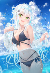 Rule 34 | 1girl, absurdres, bikini, black bikini, blue hair, blue sky, braid, breasts, bubble, cleavage, cloud, french braid, green eyes, hair ornament, hairclip, highres, long hair, medium breasts, multicolored hair, na kyo, navel, ocean, off shoulder, open clothes, open mouth, open shirt, original, partially submerged, shirt, side-tie bikini bottom, sky, smile, solo, stomach, streaked hair, sunlight, swimsuit, water drop, wet, wet clothes, wet shirt, white hair, white shirt