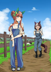 Rule 34 | 2girls, :d, alternate costume, alternate hairstyle, animal ears, black footwear, blue eyes, blue overalls, blunt bangs, boots, braid, brown hair, clenched hands, collared shirt, cow, ear covers, fence, full body, hair bun, hairband, horse ears, horse girl, horse tail, long hair, looking at another, multicolored hair, multiple girls, open mouth, orange hair, overalls, purple eyes, shino (ponjiyuusu), shirt, shoes, short hair, silence suzuka (umamusume), smile, sneakers, special week (umamusume), tail, two-tone hair, umamusume, white hair, white hairband, white shirt