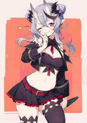 Rule 34 | 1girl, bare shoulders, belt, between breasts, black hair, black skirt, black thighhighs, black vest, blush, breasts, cleavage, closed mouth, collared shirt, cowboy shot, crop top, detached sleeves, double bun, fang, frills, grey hair, groin, hair bun, hair ornament, head tilt, highres, horns, index finger raised, long hair, long sleeves, looking at viewer, medium breasts, midriff, miniskirt, mole, mole on thigh, mole under mouth, multicolored hair, navel, necktie, nijisanji, one eye closed, pink eyes, pleated skirt, pointy ears, purple hair, red necktie, rindou mikoto, sh (shinh), shirt, sidelocks, skin-covered horns, skirt, smile, solo, standing, star (symbol), stomach, streaked hair, tehepero, thick eyebrows, thighhighs, vest, virtual youtuber, wing collar, zettai ryouiki