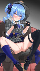 Rule 34 | 1girl, absurdres, anus, ascot, ass grab, asymmetrical legwear, beret, blue eyes, blue hair, blush, breath, censored, faceless, faceless male, gloves, hair between eyes, hat, heart, heart-shaped pupils, highres, hololive, hoshimachi suisei, hoshimachi suisei (1st costume), looking down, medium hair, mosaic censoring, mp150 plus, partially fingerless gloves, penis, pussy, shoes, side ponytail, single thighhigh, smile, socks, spread legs, star (symbol), star in eye, symbol-shaped pupils, symbol in eye, thighhighs, virtual youtuber
