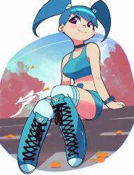 Rule 34 | 1girl, aetherion, aqua nails, blue shorts, blue sports bra, blush stickers, boots, choker, closed mouth, earrings, full body, highres, humanization, jenny wakeman, jewelry, my life as a teenage robot, nail polish, outdoors, shorts, sitting, smile, solo, sports bra, thighhighs, white thighhighs