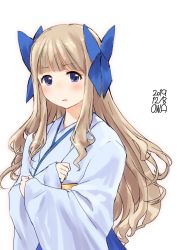 Rule 34 | 1girl, alternate hairstyle, asakaze (kancolle), blonde hair, blue eyes, blue ribbon, blunt bangs, blush, commentary request, dated, hair ribbon, japanese clothes, kantai collection, kimono, long hair, owa (ishtail), ribbon, signature, wavy hair, white background