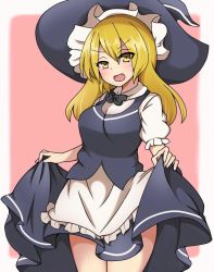 Rule 34 | 1girl, apron, black neckwear, black skirt, black vest, blonde hair, commentary request, frilled apron, frilled hat, frills, hat, kirisame marisa, pink background, puffy short sleeves, puffy sleeves, shirt, short sleeves, skirt, skirt set, suwaneko, touhou, vest, waist apron, white shirt, witch hat, yellow eyes