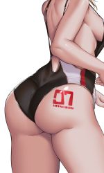 Rule 34 | 1girl, ass, ass tattoo, bare arms, black one-piece swimsuit, breasts, commentary request, fate/grand order, fate (series), hanada yanochi, head out of frame, highres, large breasts, mordred (fate), mordred (fate) (all), mordred (fate/apocrypha), mordred (swimsuit rider) (fate), number tattoo, one-piece swimsuit, red one-piece swimsuit, sideboob, simple background, solo, swimsuit, tattoo, wedgie, white background, white one-piece swimsuit