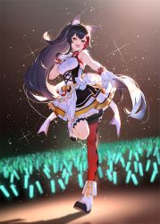 Rule 34 | 1girl, animal ear fluff, animal ears, bell, black hair, breasts, commentary, concert, corset, crowd, dress, full body, gloves, glowstick, hair ornament, hand on own chest, highres, hololive, idol, izumi sai, long hair, medium breasts, multicolored hair, official alternate costume, ookami mio, open mouth, ponytail, red hair, red thighhighs, short dress, single thighhigh, sleeveless, sleeveless dress, smile, solo, standing, standing on one leg, streaked hair, tail, tail wrap, thigh strap, thighhighs, two-tone hair, virtual youtuber, white dress, white gloves, wolf ears, wolf tail