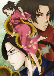 Rule 34 | 00s, 1girl, 2boys, afro, animal, black hair, bracelet, brown eyes, brown hair, facial hair, flying squirrel, fuu (samurai champloo), glasses, gradient background, hair ornament, japanese clothes, jewelry, jin (samurai champloo), kimono, long hair, mugen (samurai champloo), multiple boys, samurai champloo, squirrel, stubble, twintails, vector trace, wide sleeves