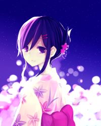 Rule 34 | 1girl, alternate costume, alternate hairstyle, black eyes, black hair, commentary request, eyebrows, floral print, hair ornament, hairclip, japanese clothes, kagerou project, kimono, light smile, long hair, looking at viewer, looking back, obi, sash, solo, tateyama ayano, toto (0morc0), yukata
