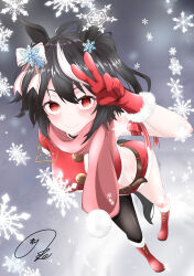 Rule 34 | 1girl, absurdres, ahoge, animal ears, arm ribbon, artist logo, belt, black belt, black hair, black thighhighs, boots, bow, christmas, closed mouth, commentary, cropped shirt, english commentary, fur-trimmed footwear, fur-trimmed shirt, fur-trimmed shorts, fur trim, hair bow, hair ornament, highres, horse ears, horse girl, horse tail, kitasan black (umamusume), leaning forward, looking at viewer, maximum7010, mixed-language commentary, multicolored hair, pink scarf, red eyes, red footwear, red shirt, red shorts, ribbon, santa boots, scarf, shirt, short hair, short shorts, short sleeves, shorts, signature, single thighhigh, smile, snowflake hair ornament, snowflakes, solo, standing, streaked hair, tail, thighhighs, umamusume, v, white bow, white hair