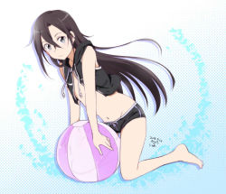 Rule 34 | 1boy, 2017, androgynous, ball, barefoot, beachball, black eyes, black hair, black jacket, black one-piece swimsuit, closed mouth, cropped jacket, dated, floating hair, groin, hair between eyes, hood, hood down, hooded jacket, jacket, kiatsu, kirito, kirito (sao-ggo), long hair, male focus, navel, one-piece swimsuit, open clothes, open jacket, sleeveless, sleeveless jacket, solo, swimsuit, sword art online, trap, very long hair