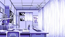 Rule 34 | 1990s (style), 5 jikanme no venus, ceiling, chair, clipboard, curtains, desk, fairy dust, game cg, indoors, lowres, no humans, office chair, pc98, pixel art, retro artstyle, school infirmary, sliding doors, swivel chair, tagme, vase