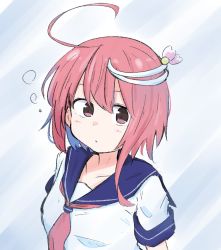 Rule 34 | 1girl, ahoge, air bubble, blue sailor collar, blush, brown eyes, bubble, collarbone, commentary request, hair between eyes, hair ornament, i-58 (kancolle), kantai collection, kujou karasuma, long hair, looking at viewer, neckerchief, parted lips, pink hair, pink neckerchief, sailor collar, school uniform, serafuku, shirt, short sleeves, solo, white shirt