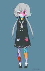 Rule 34 | 10s, 1girl, aqua background, black serafuku, clenched hands, colored skin, commentary, dress, fanta (the banana pistols), full body, grey hair, highres, konno junko, long sleeves, low twintails, multicolored skin, patch, patchwork skin, red eyes, sad, sailor collar, sailor dress, school uniform, serafuku, shoes, short eyebrows, signature, simple background, sketch, solo, standing, stitched face, stitched leg, stitches, tearing up, twintails, zombie, zombie land saga