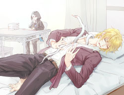 Rule 34 | 2boys, asclepius (fate), bad id, bad pixiv id, blonde hair, blush, book, changye, fate/grand order, fate (series), finger to mouth, green eyes, grimace, hair between eyes, hood, jason (fate), long hair, male focus, multiple boys, on bed, pinstripe jacket, pinstripe pattern, shushing, snake, striped, table, white hair