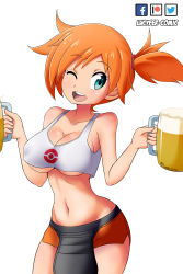 Rule 34 | absurdres, alcohol, alternate breast size, alternate costume, apron, artist name, bare shoulders, beer, beer mug, black apron, blue eyes, brand name imitation, breasts, cleavage, collarbone, cowboy shot, creatures (company), crop top, cup, drink, game freak, hair tie, hands up, happy, highres, holding, hooters, large breasts, looking to the side, lucyfer, misty (pokemon), mug, navel, nintendo, one eye closed, open mouth, orange hair, orange shorts, poke ball symbol, poke ball theme, pokemon, pokemon rgby, shiny skin, shirt, short hair, short shorts, shorts, side ponytail, signature, simple background, smile, standing, tank top, teeth, underboob, waitress, watermark, white background, white shirt, wink